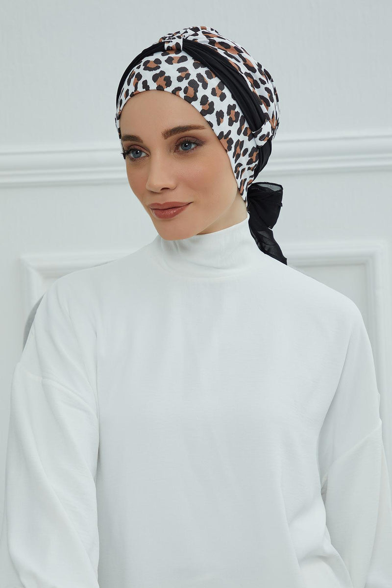 Instant Turban Cotton Scarf Head Wrap with Chiffon Headband, Lightweight Multicolor Headwear Bonnet Cap with Various Pattern Options,B-24YD