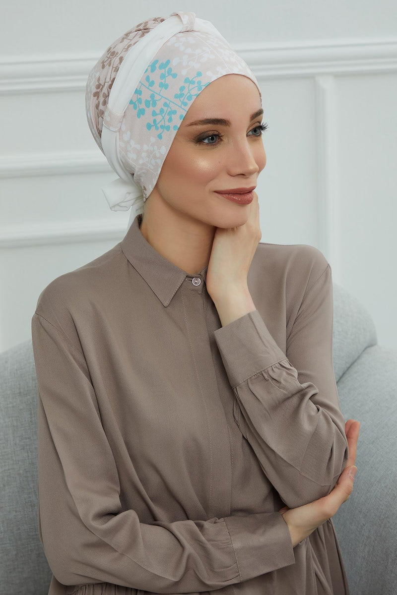 Instant Turban Cotton Scarf Head Wrap with Chiffon Headband, Lightweight Multicolor Headwear Bonnet Cap with Various Pattern Options,B-24YD