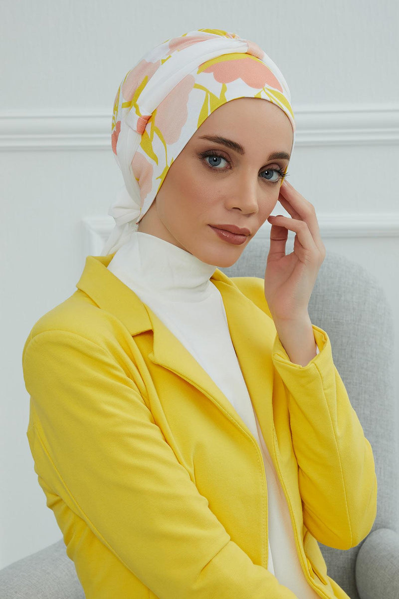 Instant Turban Cotton Scarf Head Wrap with Chiffon Headband, Lightweight Multicolor Headwear Bonnet Cap with Various Pattern Options,B-24YD