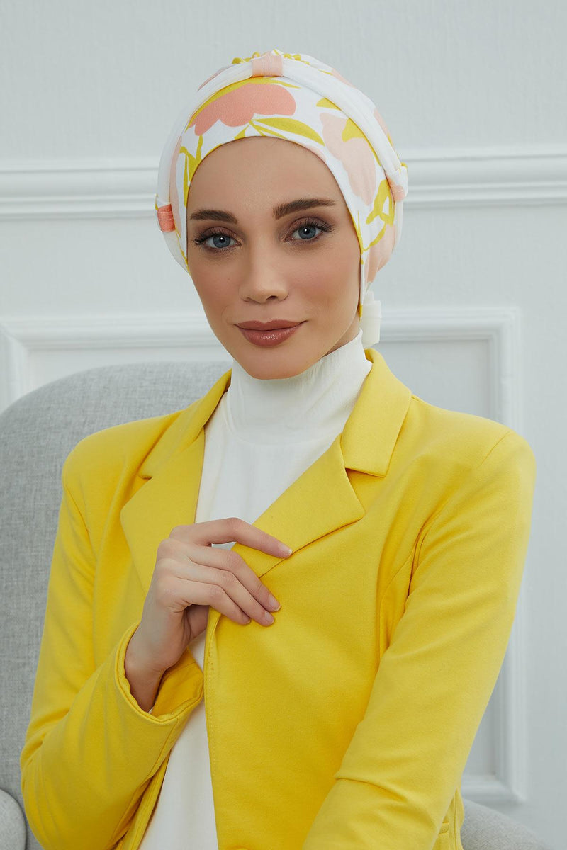 Instant Turban Cotton Scarf Head Wrap with Chiffon Headband, Lightweight Multicolor Headwear Bonnet Cap with Various Pattern Options,B-24YD