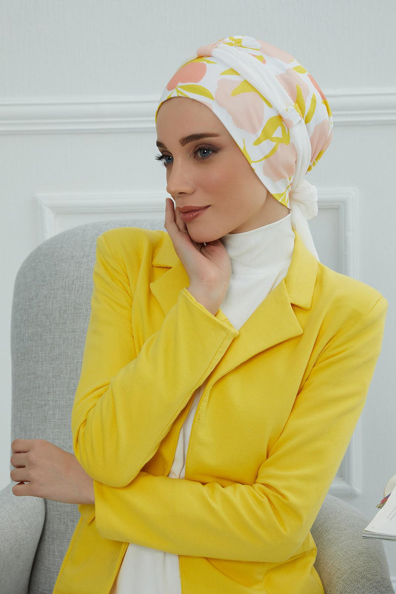 Instant Turban Cotton Scarf Head Wrap with Chiffon Headband, Lightweight Multicolor Headwear Bonnet Cap with Various Pattern Options,B-24YD