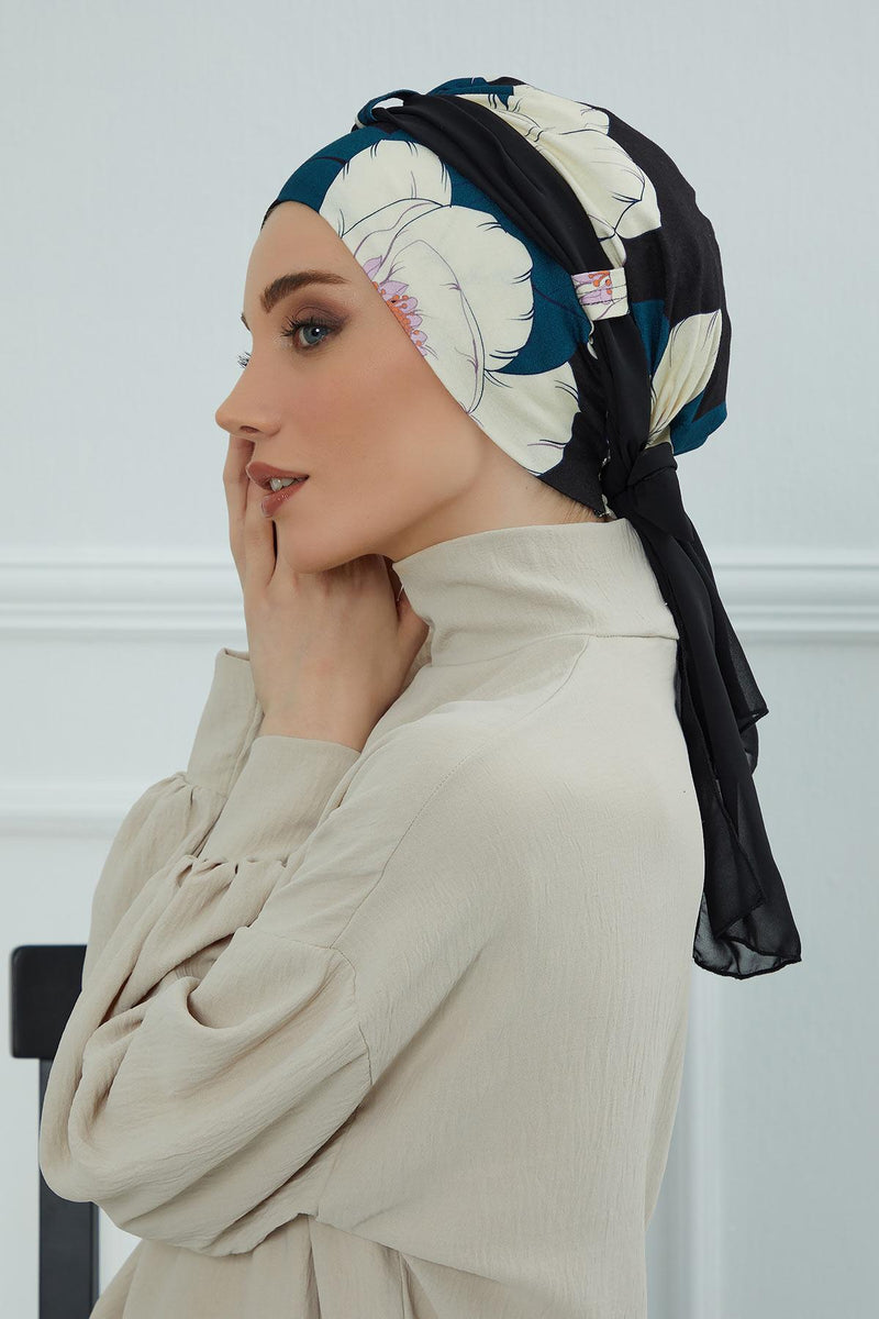 Instant Turban Cotton Scarf Head Wrap with Chiffon Headband, Lightweight Multicolor Headwear Bonnet Cap with Various Pattern Options,B-24YD