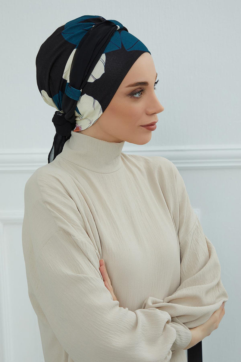 Instant Turban Cotton Scarf Head Wrap with Chiffon Headband, Lightweight Multicolor Headwear Bonnet Cap with Various Pattern Options,B-24YD