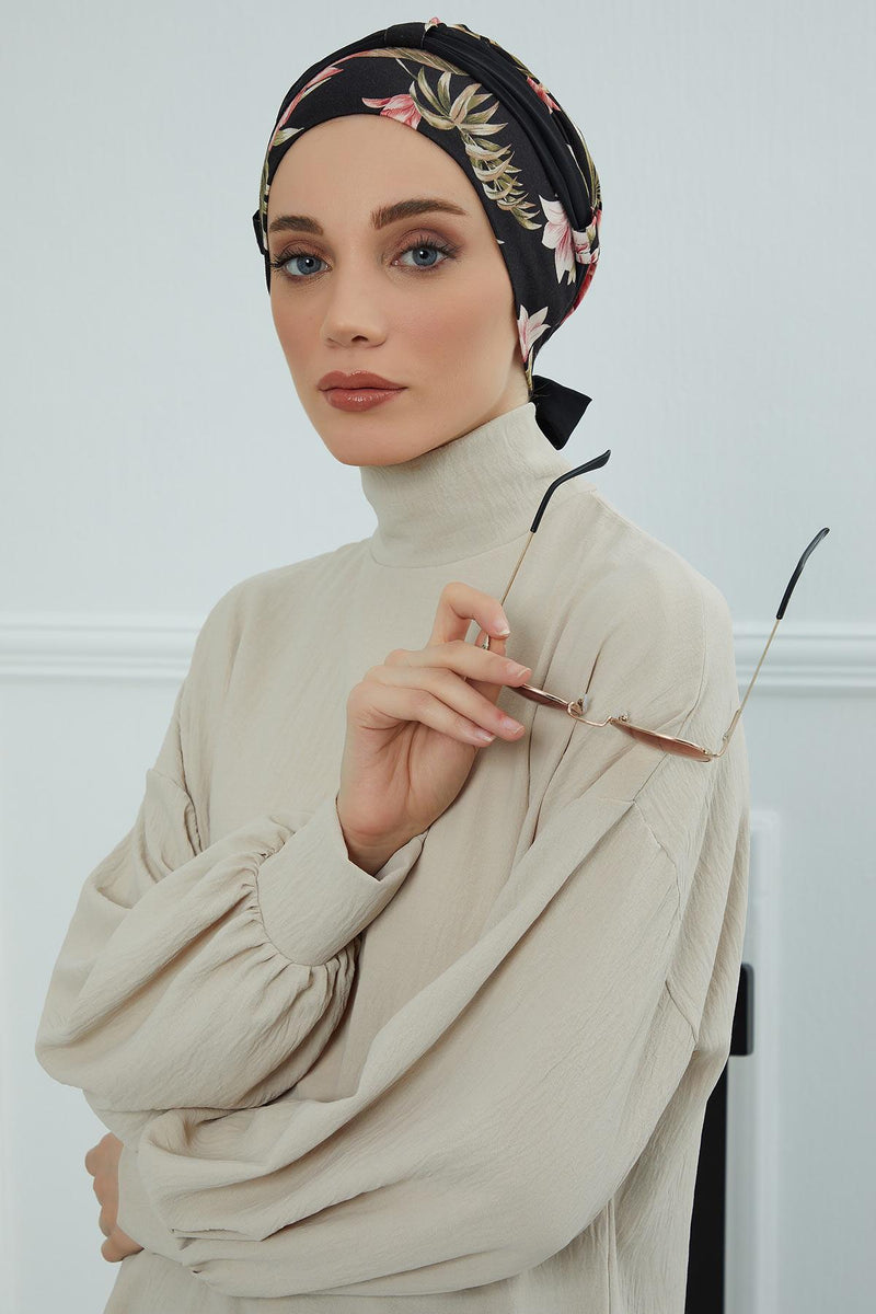 Instant Turban Cotton Scarf Head Wrap with Chiffon Headband, Lightweight Multicolor Headwear Bonnet Cap with Various Pattern Options,B-24YD