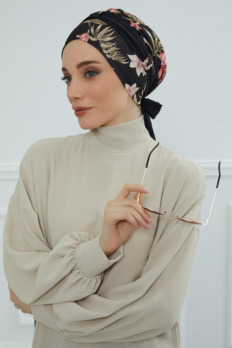 Instant Turban Cotton Scarf Head Wrap with Chiffon Headband, Lightweight Multicolor Headwear Bonnet Cap with Various Pattern Options,B-24YD