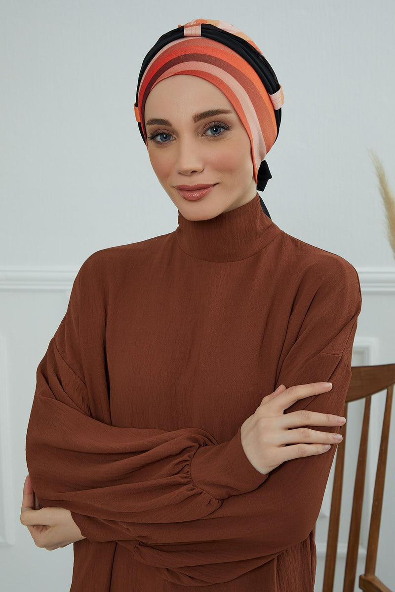 Instant Turban Cotton Scarf Head Wrap with Chiffon Headband, Lightweight Multicolor Headwear Bonnet Cap with Various Pattern Options,B-24YD