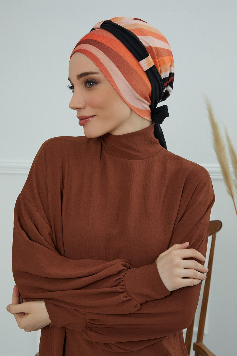 Instant Turban Cotton Scarf Head Wrap with Chiffon Headband, Lightweight Multicolor Headwear Bonnet Cap with Various Pattern Options,B-24YD