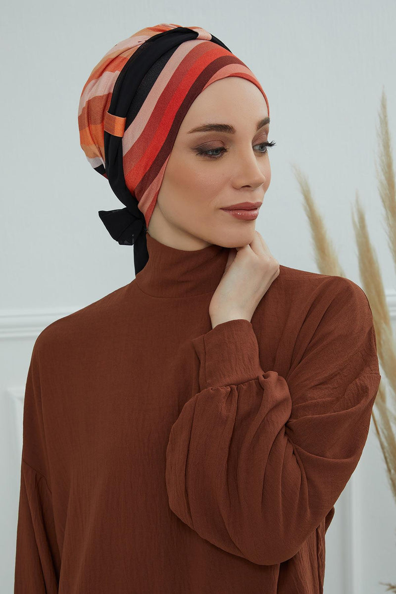 Instant Turban Cotton Scarf Head Wrap with Chiffon Headband, Lightweight Multicolor Headwear Bonnet Cap with Various Pattern Options,B-24YD