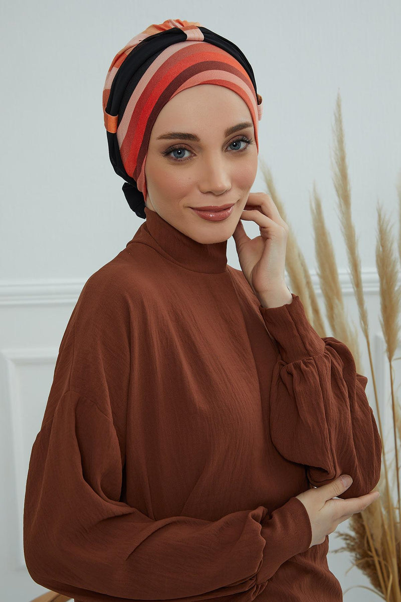 Instant Turban Cotton Scarf Head Wrap with Chiffon Headband, Lightweight Multicolor Headwear Bonnet Cap with Various Pattern Options,B-24YD