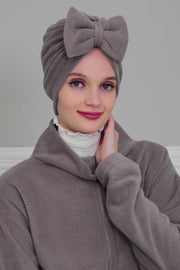 Instant Turban Fleece Removable Big Bowtie Scarf Head Wrap Chemo Headwear Bonnet Cap for Women,B-27P Grey
