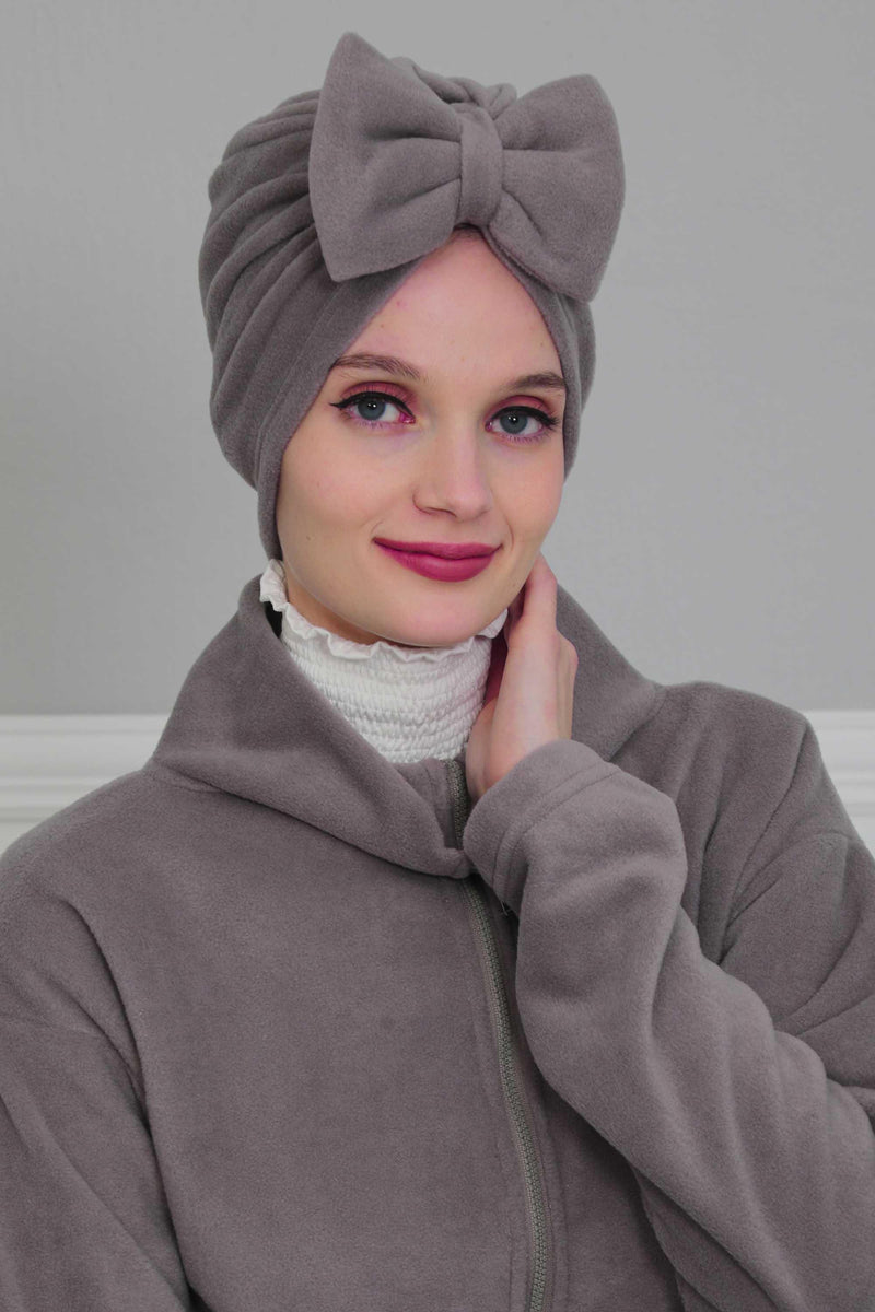 Instant Turban Fleece Removable Big Bowtie Scarf Head Wrap Chemo Headwear Bonnet Cap for Women,B-27P Grey