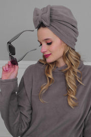 Instant Turban Fleece Removable Big Bowtie Scarf Head Wrap Chemo Headwear Bonnet Cap for Women,B-27P Grey