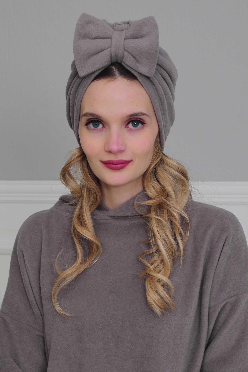 Instant Turban Fleece Removable Big Bowtie Scarf Head Wrap Chemo Headwear Bonnet Cap for Women,B-27P Grey
