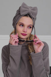 Instant Turban Fleece Removable Big Bowtie Scarf Head Wrap Chemo Headwear Bonnet Cap for Women,B-27P Grey