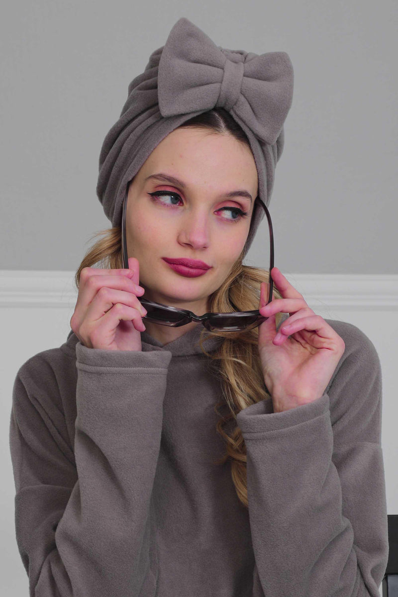 Instant Turban Fleece Removable Big Bowtie Scarf Head Wrap Chemo Headwear Bonnet Cap for Women,B-27P Grey