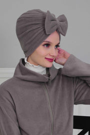 Instant Turban Fleece Removable Big Bowtie Scarf Head Wrap Chemo Headwear Bonnet Cap for Women,B-27P Grey
