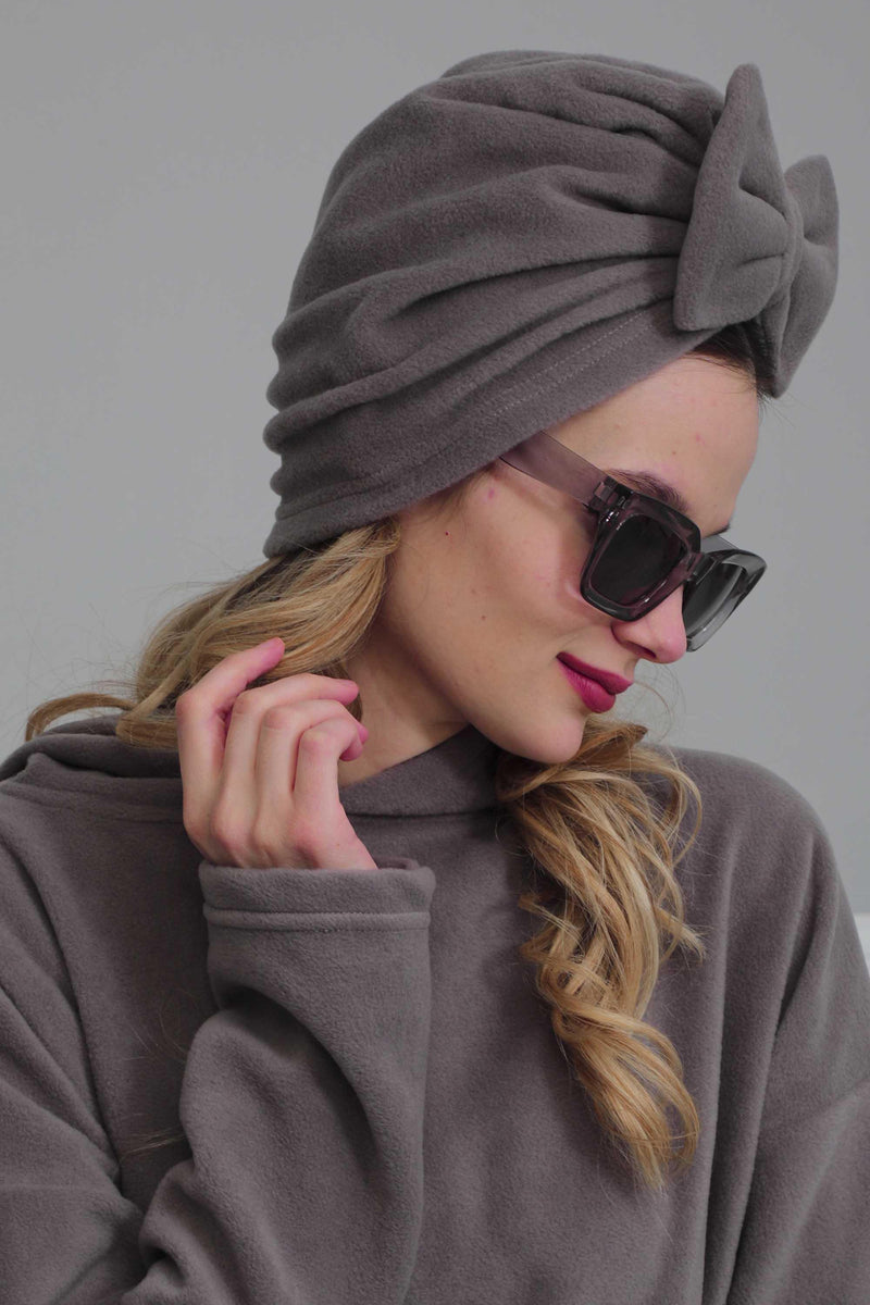 Instant Turban Fleece Removable Big Bowtie Scarf Head Wrap Chemo Headwear Bonnet Cap for Women,B-27P Grey