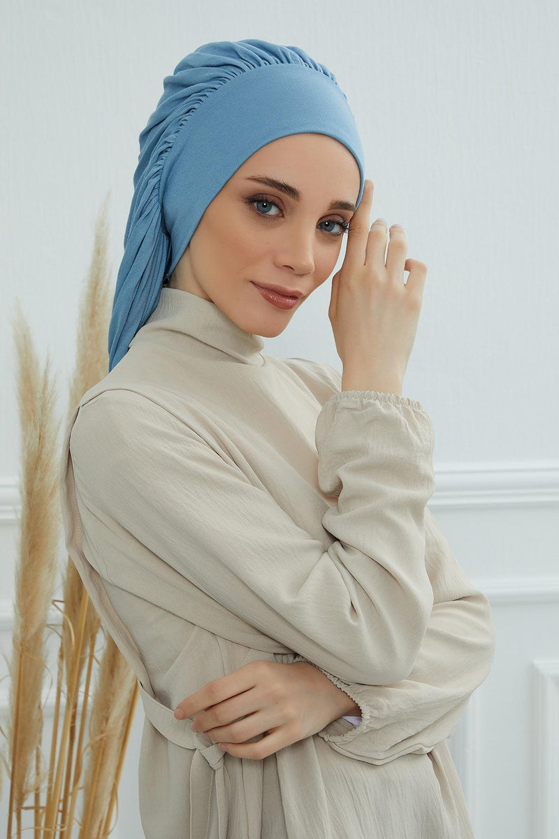 Stylish Cotton Instant Turban For Women Plain Head Wrap, Trendy Soft Beanie Hat for Daily Occasions, Comfortable Chemo Headwear,B-25 Blue