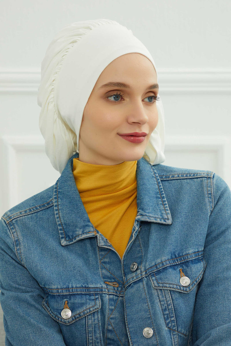 Stylish Cotton Instant Turban For Women Plain Head Wrap, Trendy Soft Beanie Hat for Daily Occasions, Comfortable Chemo Headwear,B-25 Ivory