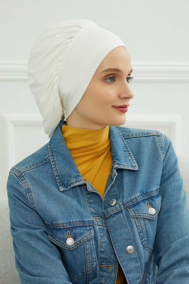 Stylish Cotton Instant Turban For Women Plain Head Wrap, Trendy Soft Beanie Hat for Daily Occasions, Comfortable Chemo Headwear,B-25 Ivory