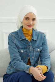 Stylish Cotton Instant Turban For Women Plain Head Wrap, Trendy Soft Beanie Hat for Daily Occasions, Comfortable Chemo Headwear,B-25 Ivory