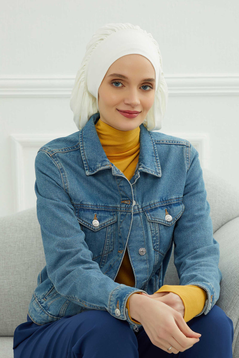 Stylish Cotton Instant Turban For Women Plain Head Wrap, Trendy Soft Beanie Hat for Daily Occasions, Comfortable Chemo Headwear,B-25 Ivory