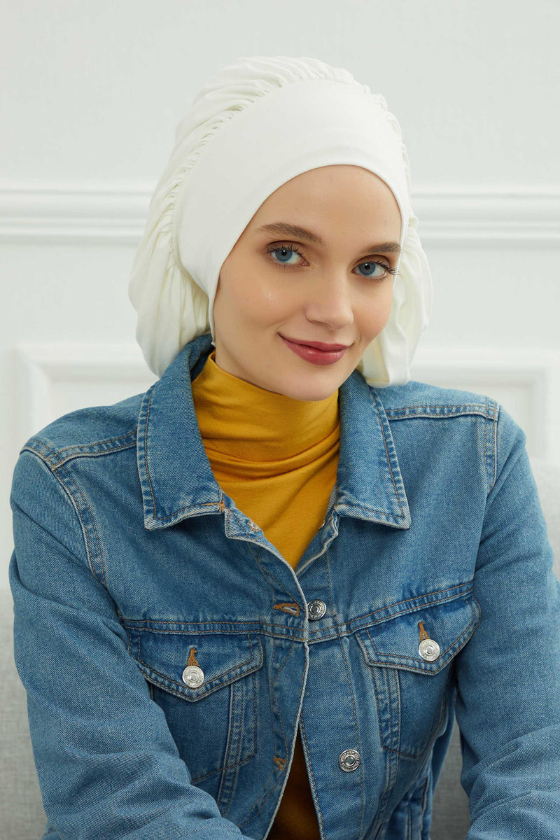 Stylish Cotton Instant Turban For Women Plain Head Wrap, Trendy Soft Beanie Hat for Daily Occasions, Comfortable Chemo Headwear,B-25 Ivory