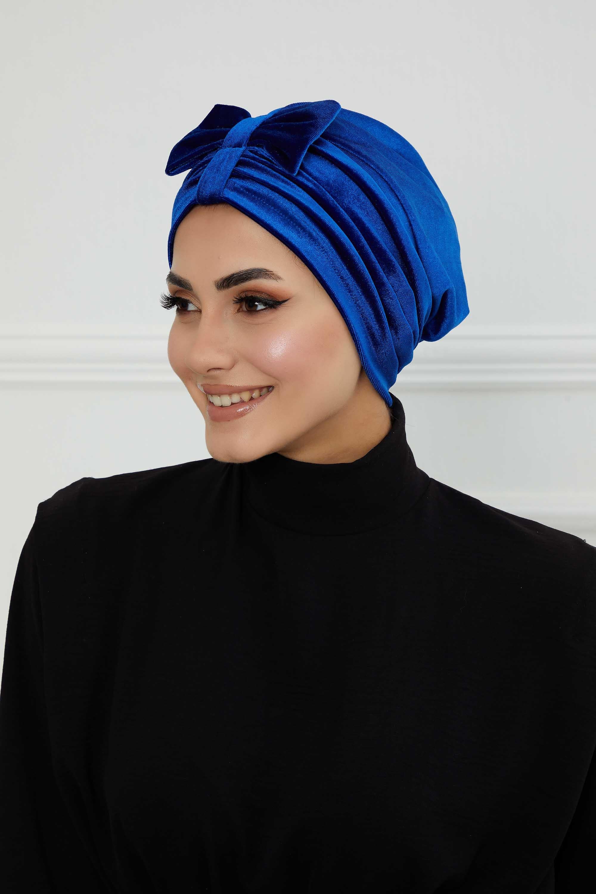 Velvet Bowtie Instant Turban Hijab Luxurious Velour Headwrap with Elegant Bow Detail, Comfortable & Fashionable Headwrap for Women,B-7K Sax Blue