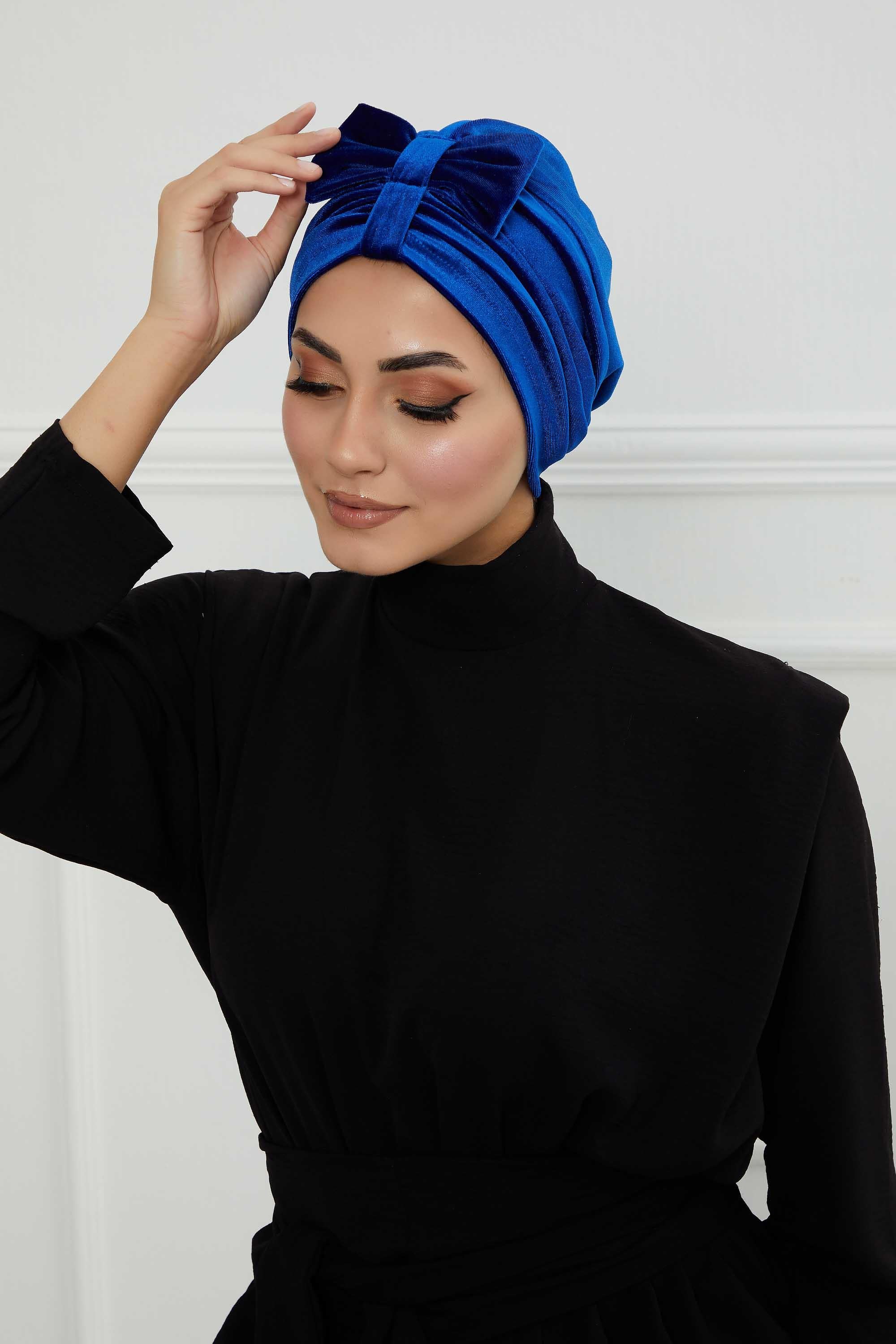 Velvet Bowtie Instant Turban Hijab Luxurious Velour Headwrap with Elegant Bow Detail, Comfortable & Fashionable Headwrap for Women,B-7K Sax Blue