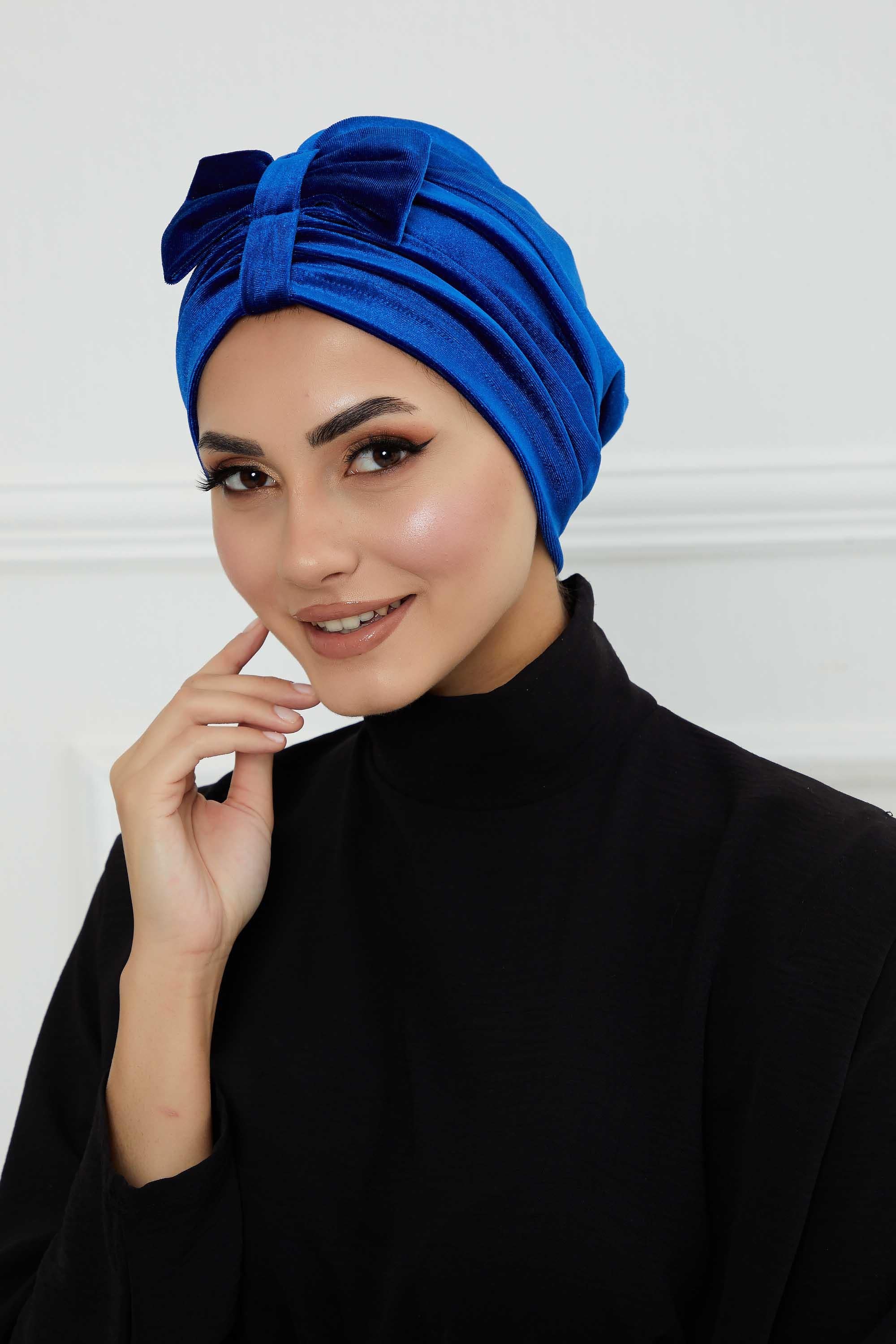 Velvet Bowtie Instant Turban Hijab Luxurious Velour Headwrap with Elegant Bow Detail, Comfortable & Fashionable Headwrap for Women,B-7K Sax Blue