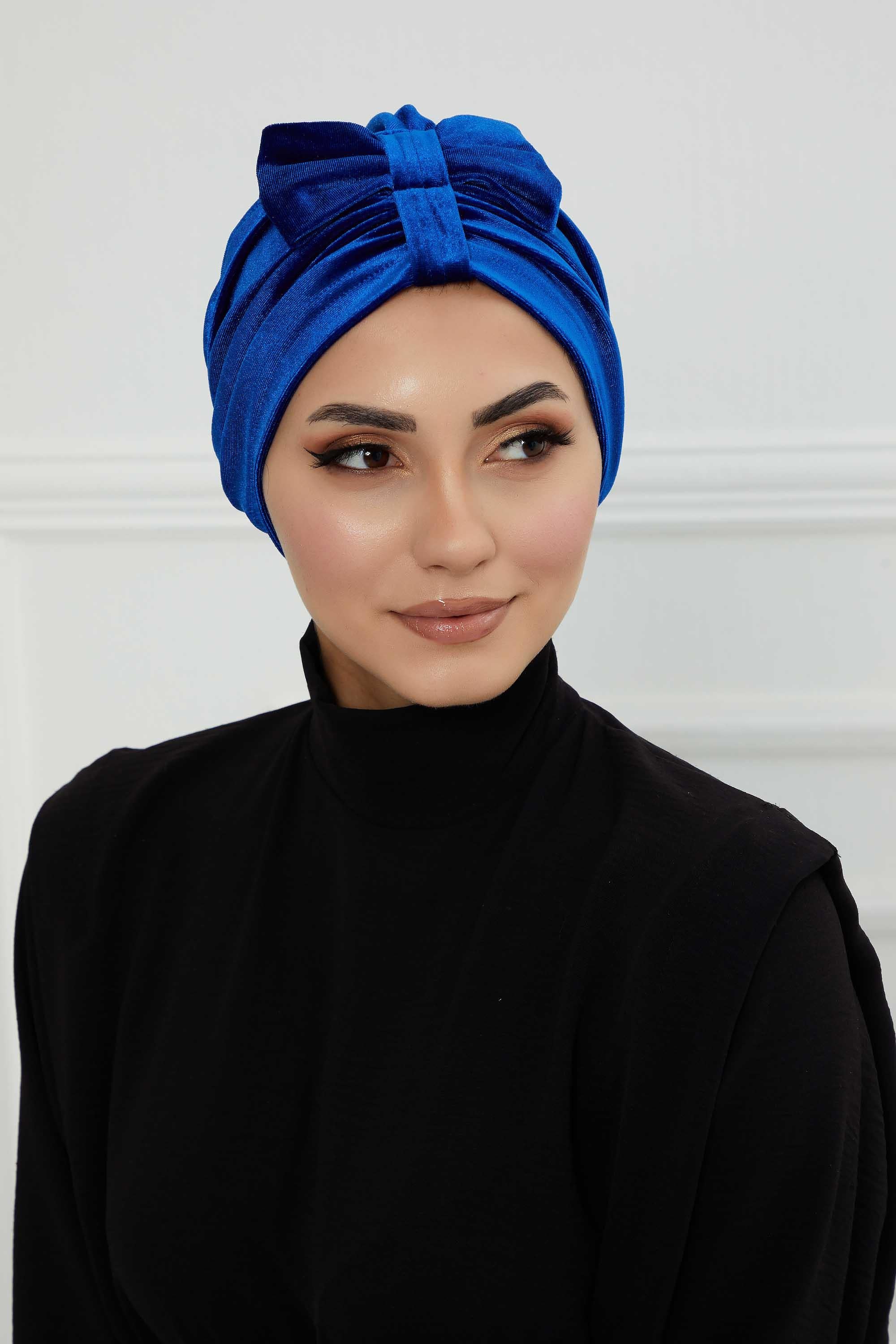 Velvet Bowtie Instant Turban Hijab Luxurious Velour Headwrap with Elegant Bow Detail, Comfortable & Fashionable Headwrap for Women,B-7K Sax Blue
