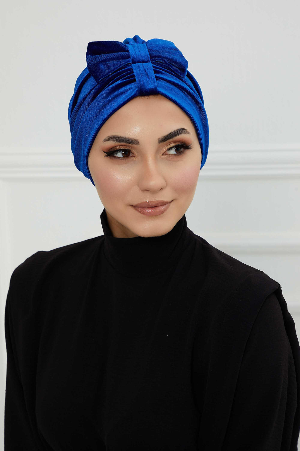 Velvet Bowtie Instant Turban Hijab Luxurious Velour Headwrap with Elegant Bow Detail, Comfortable & Fashionable Headwrap for Women,B-7K Sax Blue