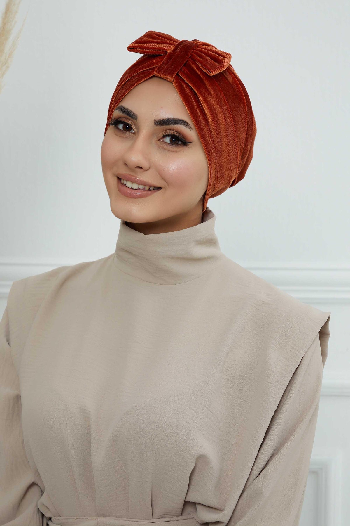 Velvet Bowtie Instant Turban Hijab Luxurious Velour Headwrap with Elegant Bow Detail, Comfortable & Fashionable Headwrap for Women,B-7K Tile Red