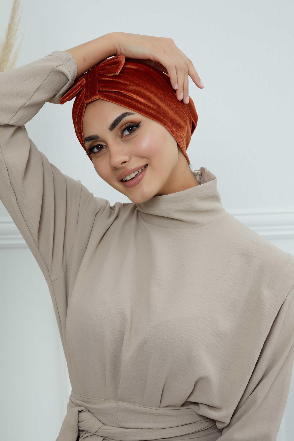 Velvet Bowtie Instant Turban Hijab Luxurious Velour Headwrap with Elegant Bow Detail, Comfortable & Fashionable Headwrap for Women,B-7K Tile Red