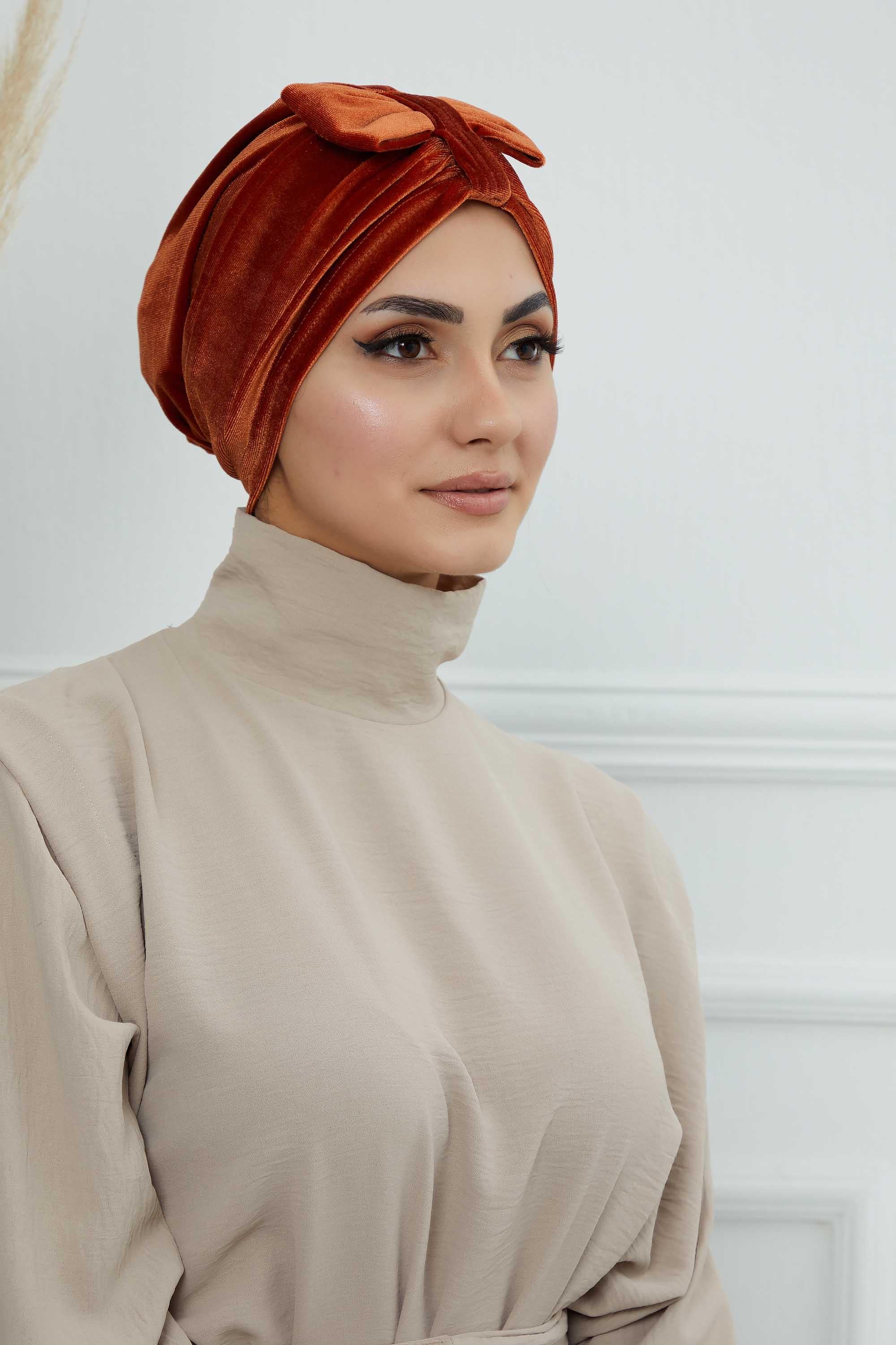 Velvet Bowtie Instant Turban Hijab Luxurious Velour Headwrap with Elegant Bow Detail, Comfortable & Fashionable Headwrap for Women,B-7K Tile Red