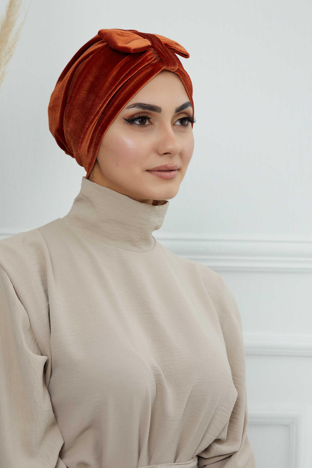 Velvet Bowtie Instant Turban Hijab Luxurious Velour Headwrap with Elegant Bow Detail, Comfortable & Fashionable Headwrap for Women,B-7K Tile Red