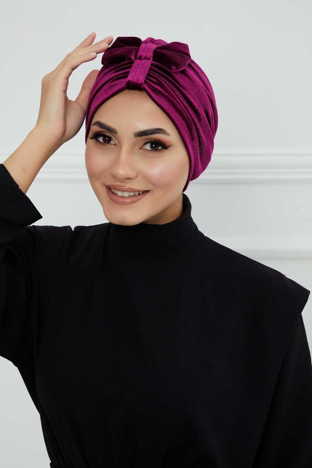 Velvet Bowtie Instant Turban Hijab Luxurious Velour Headwrap with Elegant Bow Detail, Comfortable & Fashionable Headwrap for Women,B-7K Purple