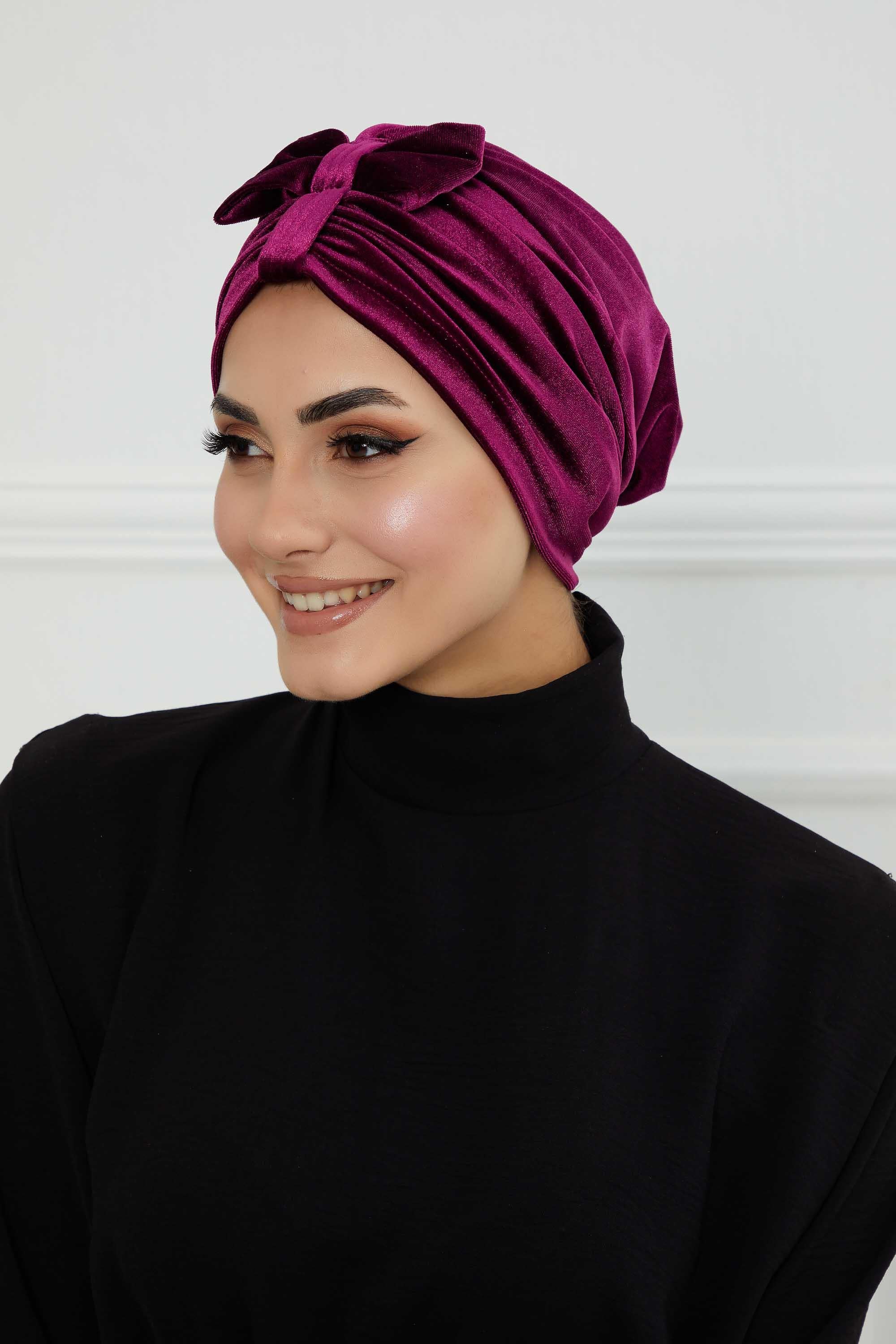 Velvet Bowtie Instant Turban Hijab Luxurious Velour Headwrap with Elegant Bow Detail, Comfortable & Fashionable Headwrap for Women,B-7K Purple