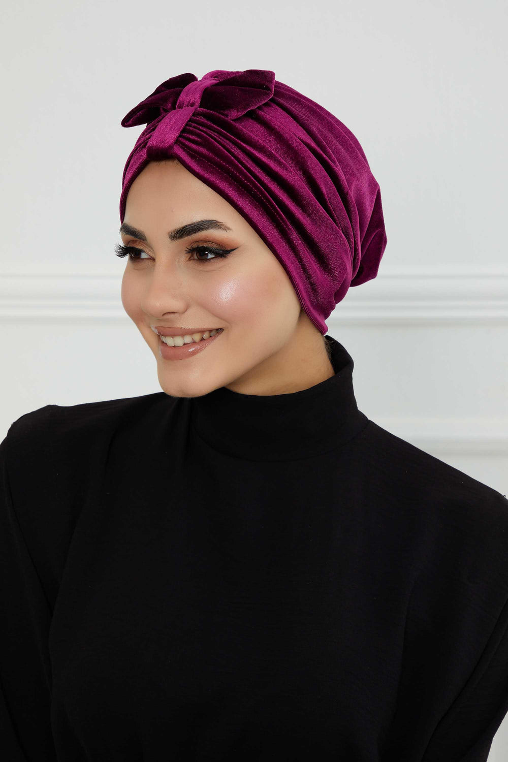 Velvet Bowtie Instant Turban Hijab Luxurious Velour Headwrap with Elegant Bow Detail, Comfortable & Fashionable Headwrap for Women,B-7K Purple