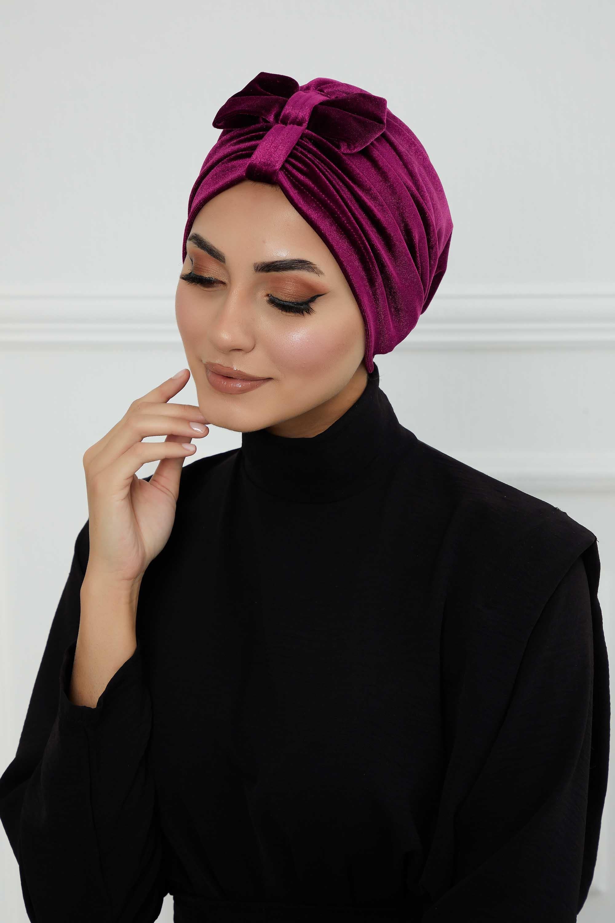 Velvet Bowtie Instant Turban Hijab Luxurious Velour Headwrap with Elegant Bow Detail, Comfortable & Fashionable Headwrap for Women,B-7K Purple