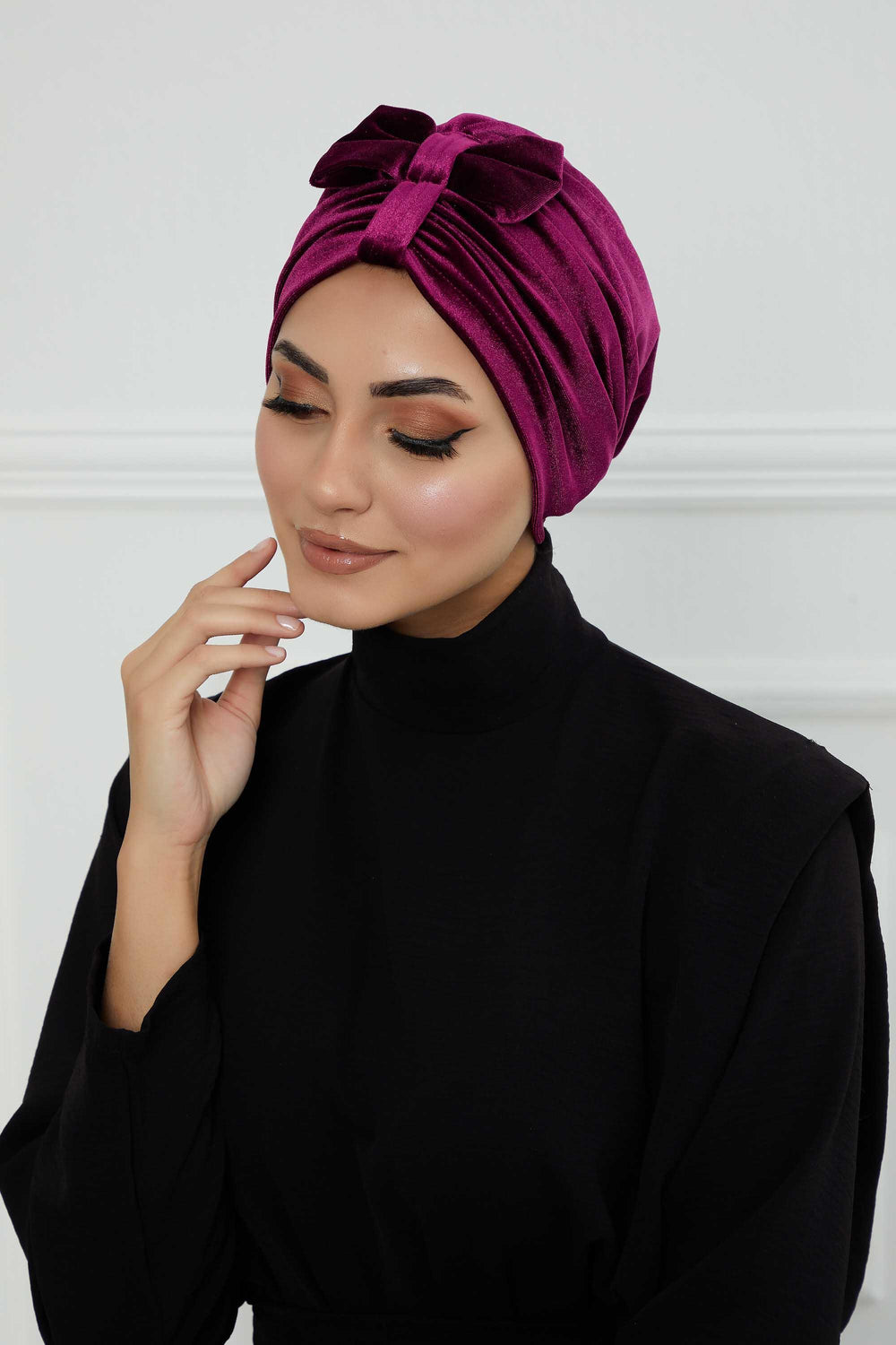 Velvet Bowtie Instant Turban Hijab Luxurious Velour Headwrap with Elegant Bow Detail, Comfortable & Fashionable Headwrap for Women,B-7K Purple