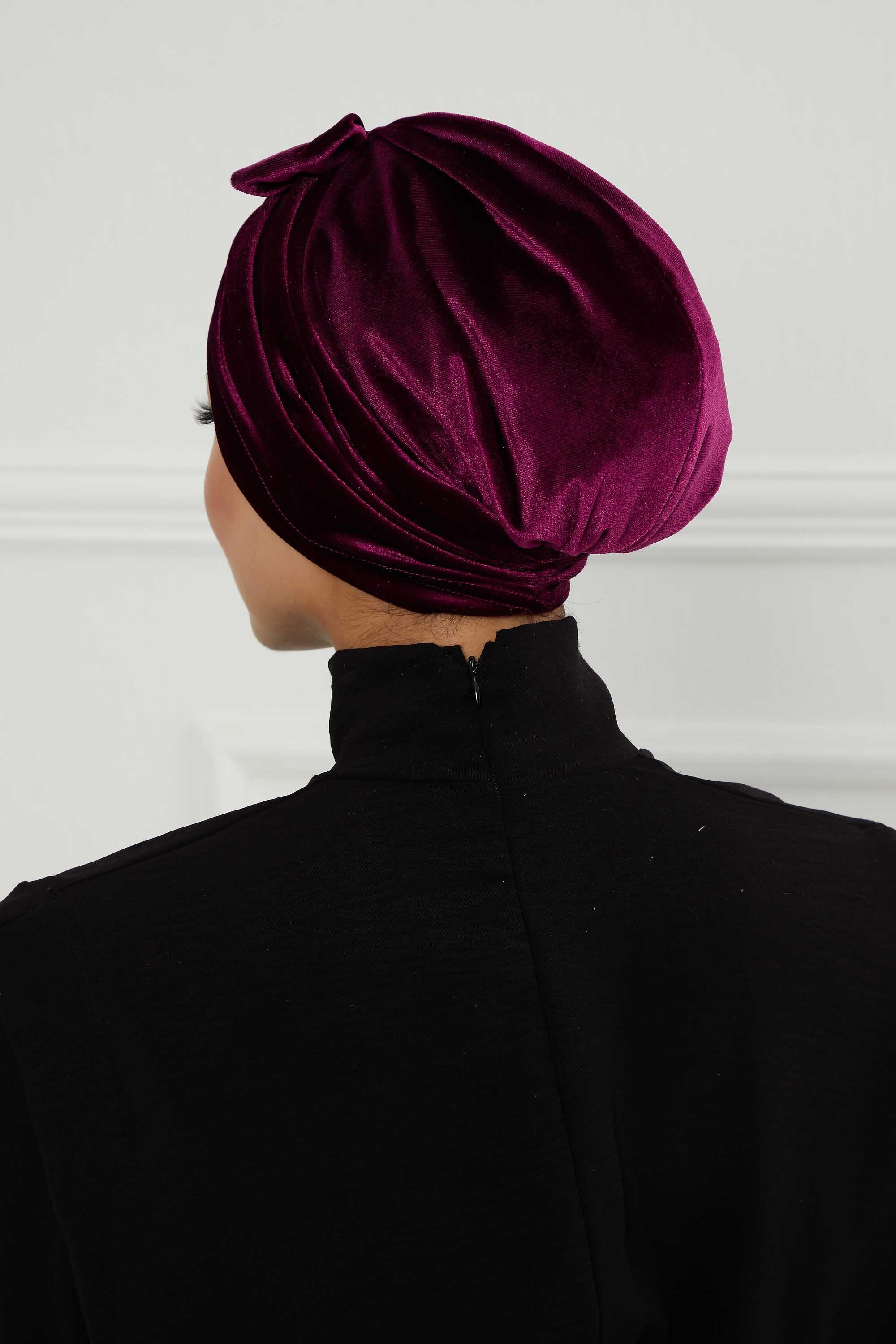 Velvet Bowtie Instant Turban Hijab Luxurious Velour Headwrap with Elegant Bow Detail, Comfortable & Fashionable Headwrap for Women,B-7K Purple