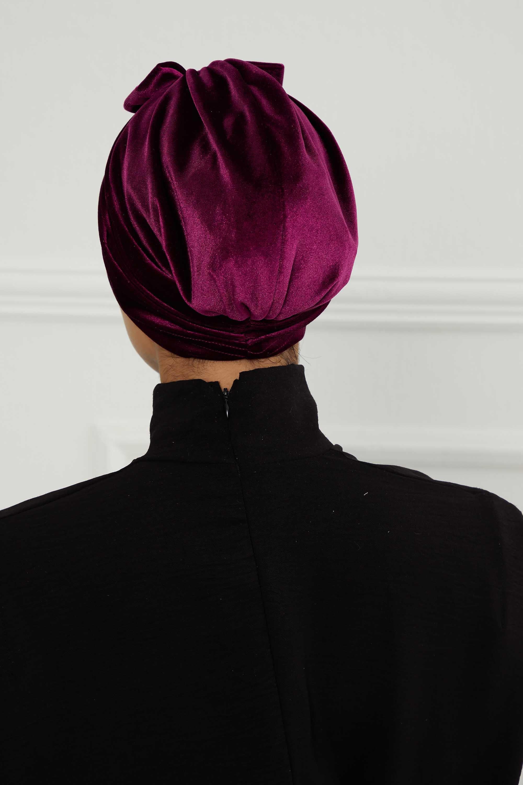 Velvet Bowtie Instant Turban Hijab Luxurious Velour Headwrap with Elegant Bow Detail, Comfortable & Fashionable Headwrap for Women,B-7K Purple
