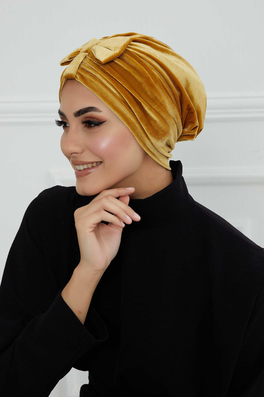 Velvet Bowtie Instant Turban Hijab Luxurious Velour Headwrap with Elegant Bow Detail, Comfortable & Fashionable Headwrap for Women,B-7K Mustard Yellow