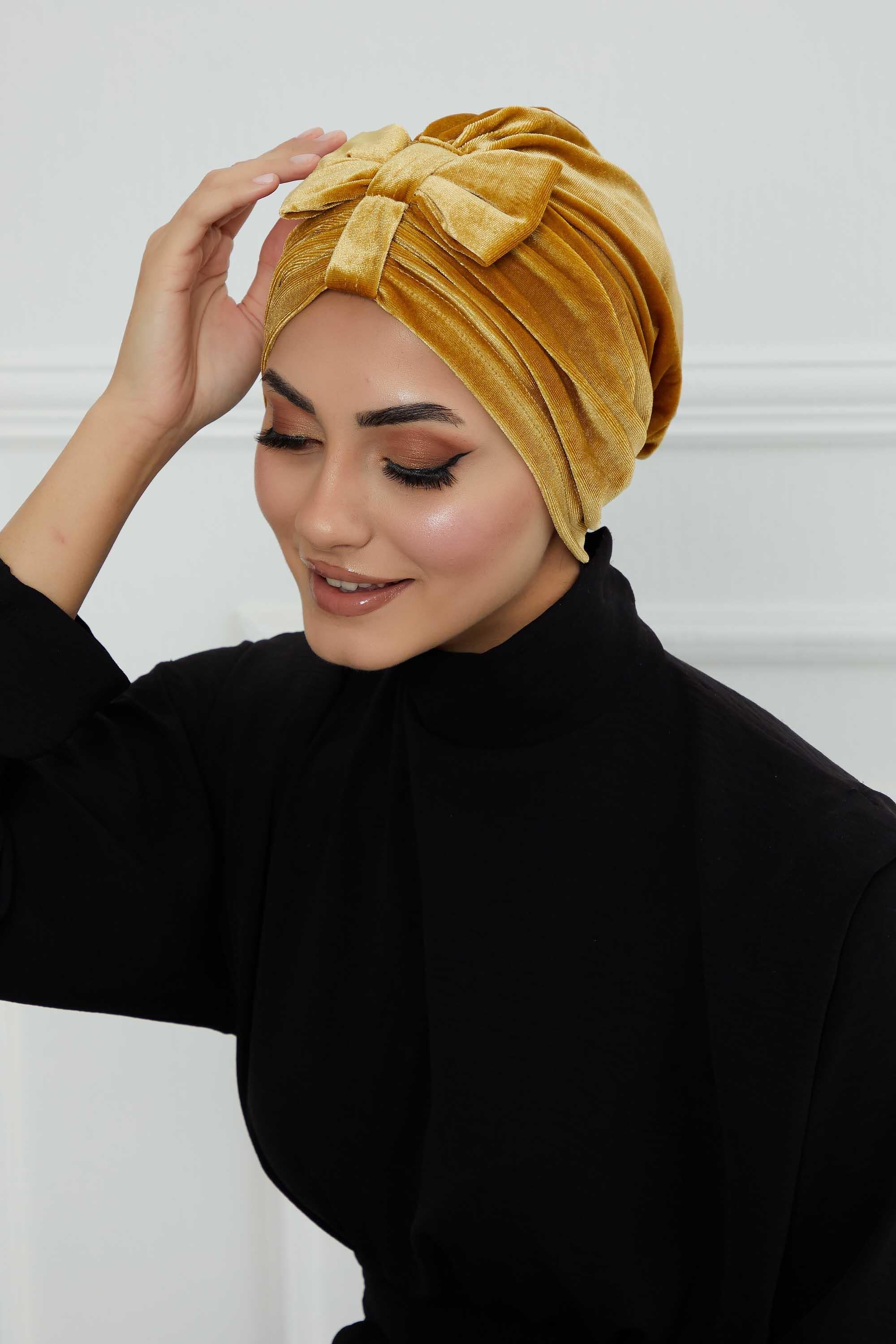 Velvet Bowtie Instant Turban Hijab Luxurious Velour Headwrap with Elegant Bow Detail, Comfortable & Fashionable Headwrap for Women,B-7K Mustard Yellow
