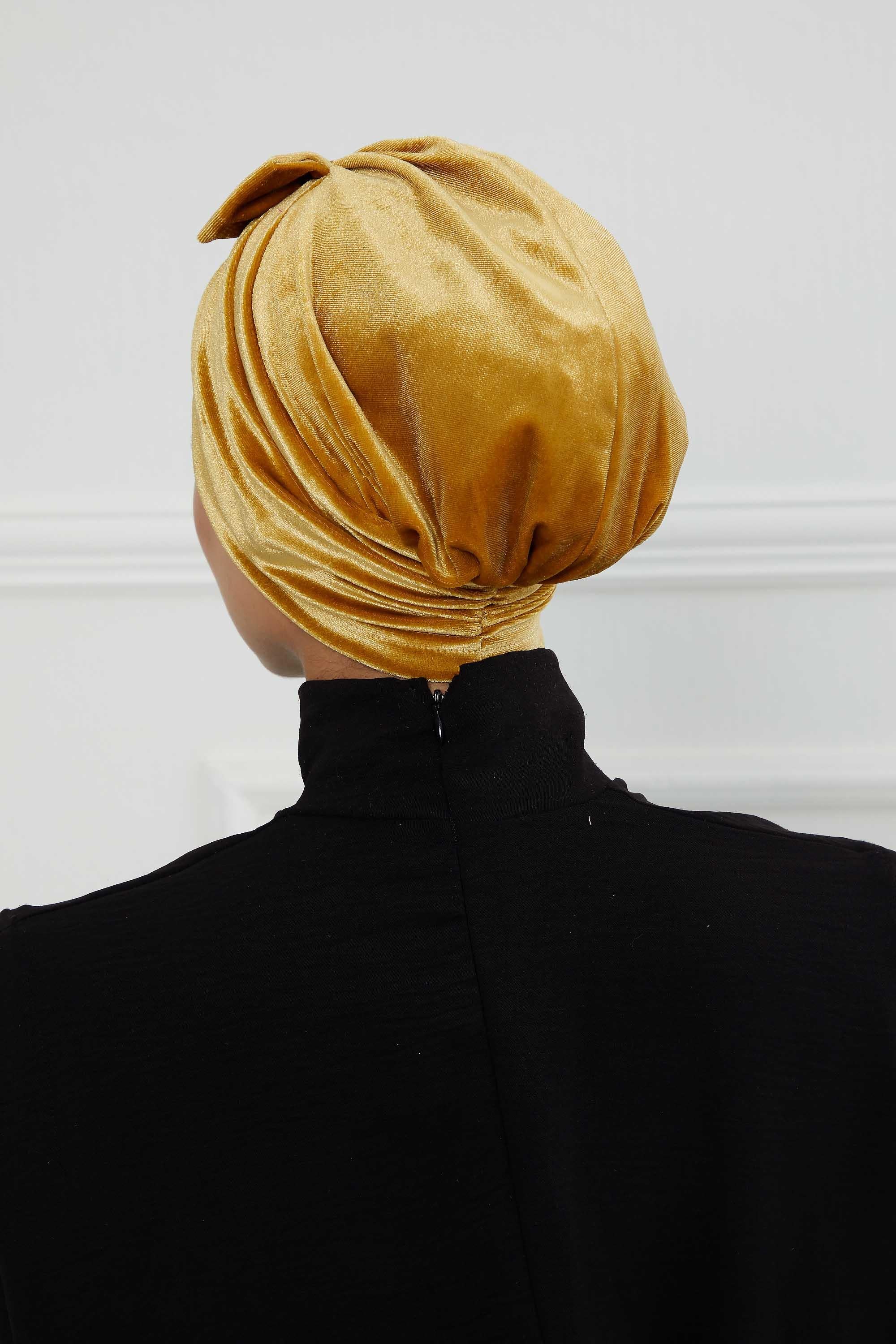 Velvet Bowtie Instant Turban Hijab Luxurious Velour Headwrap with Elegant Bow Detail, Comfortable & Fashionable Headwrap for Women,B-7K Mustard Yellow