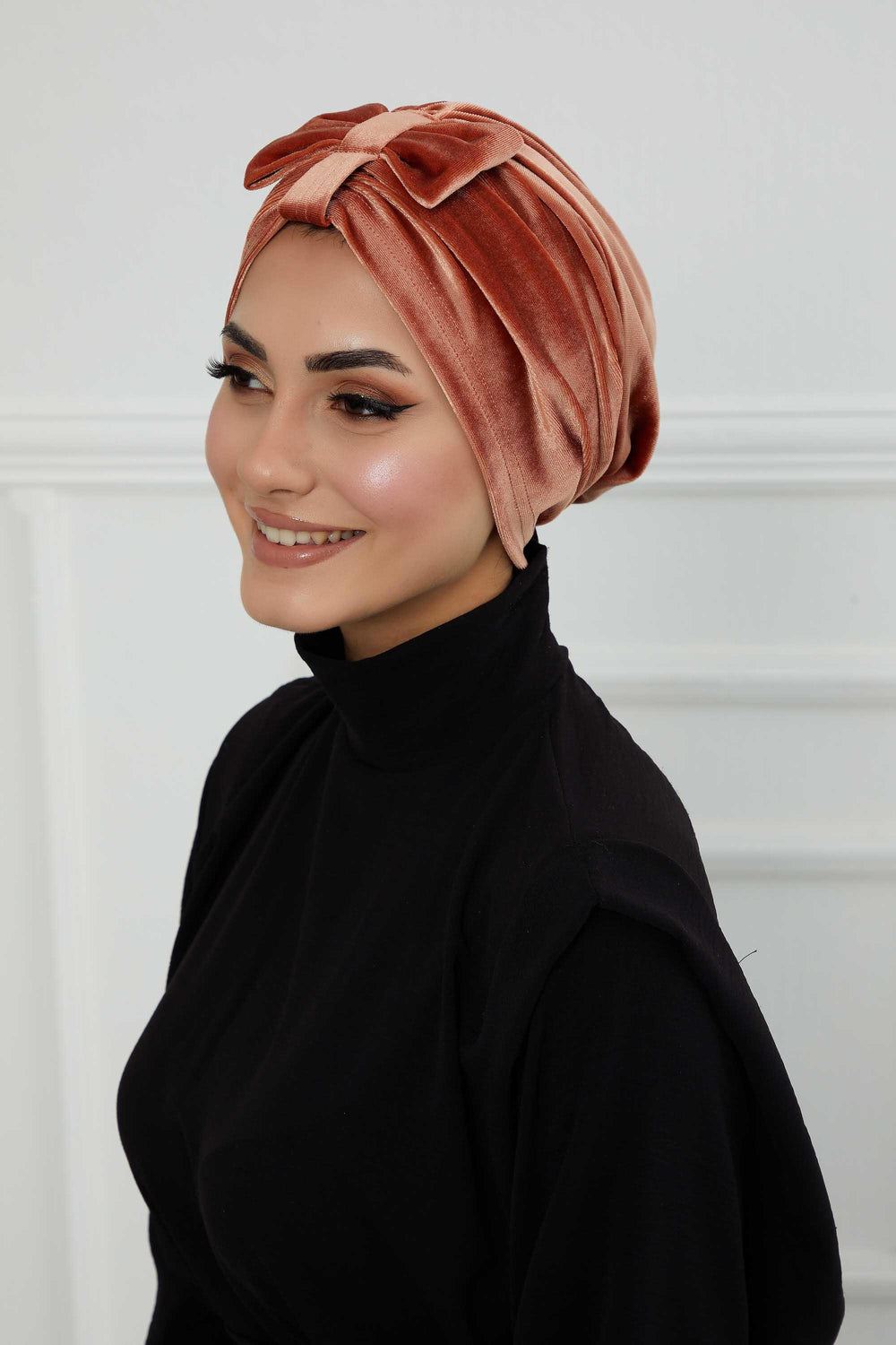 Velvet Bowtie Instant Turban Hijab Luxurious Velour Headwrap with Elegant Bow Detail, Comfortable & Fashionable Headwrap for Women,B-7K Salmon