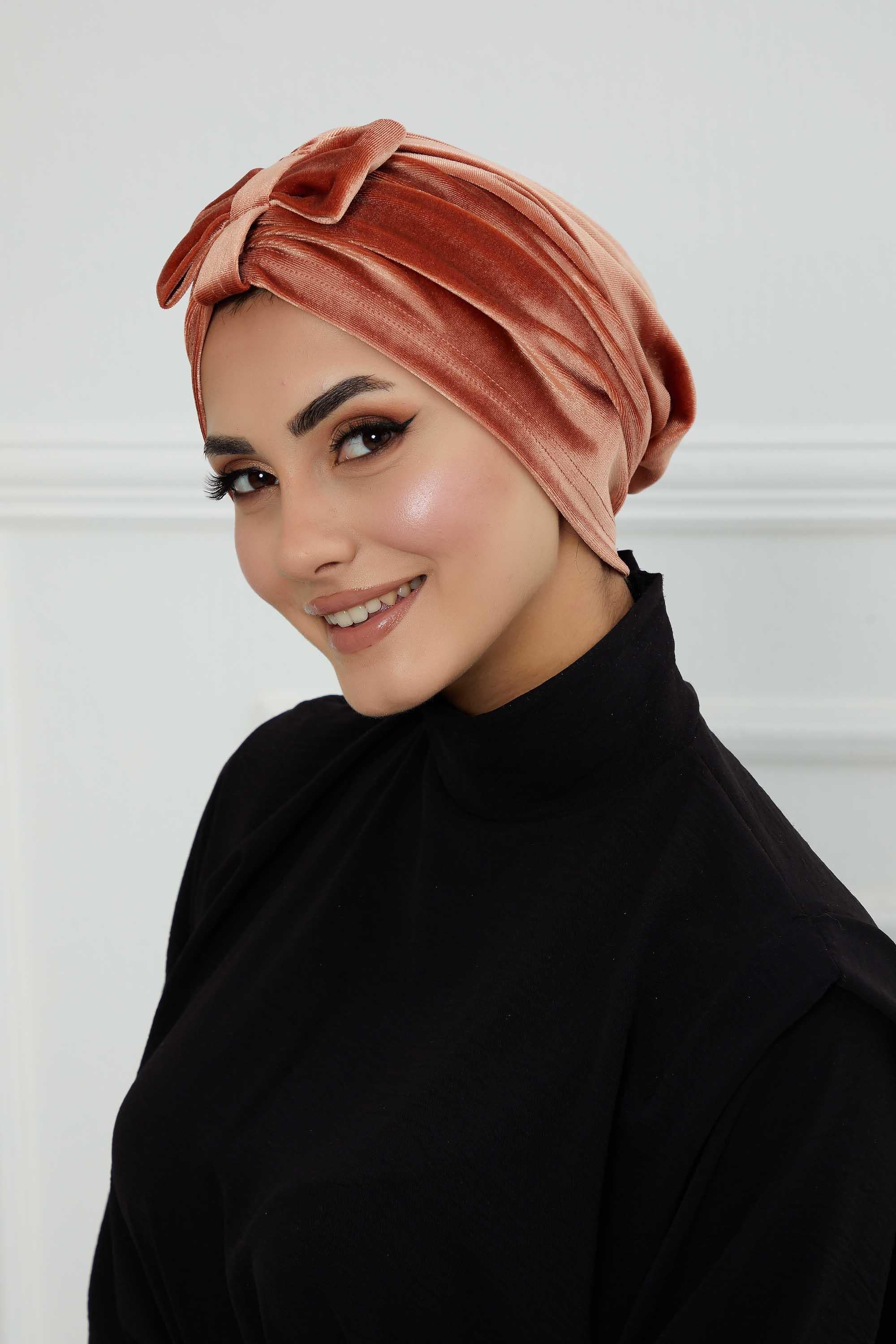Velvet Bowtie Instant Turban Hijab Luxurious Velour Headwrap with Elegant Bow Detail, Comfortable & Fashionable Headwrap for Women,B-7K Salmon