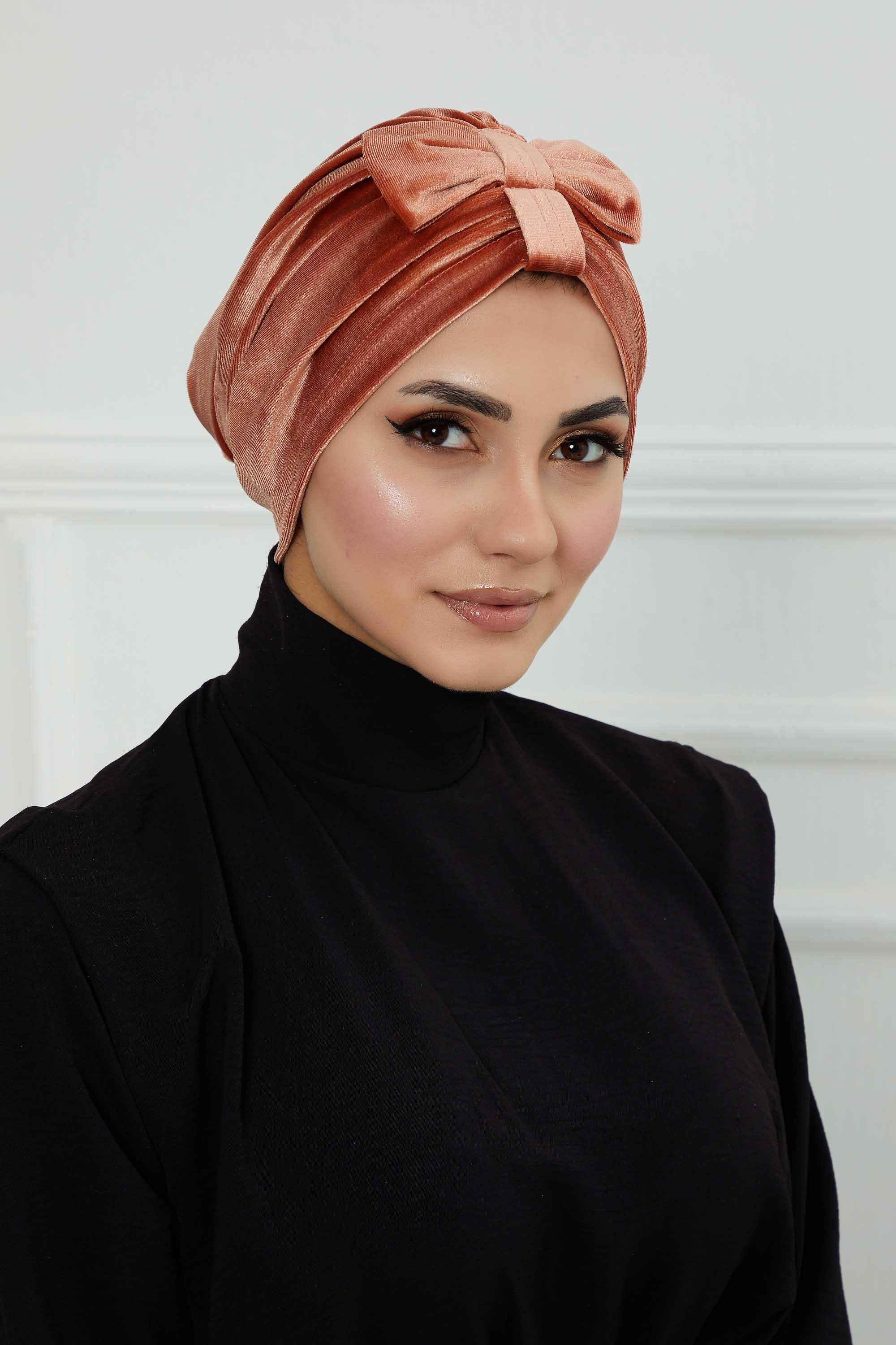 Velvet Bowtie Instant Turban Hijab Luxurious Velour Headwrap with Elegant Bow Detail, Comfortable & Fashionable Headwrap for Women,B-7K Salmon