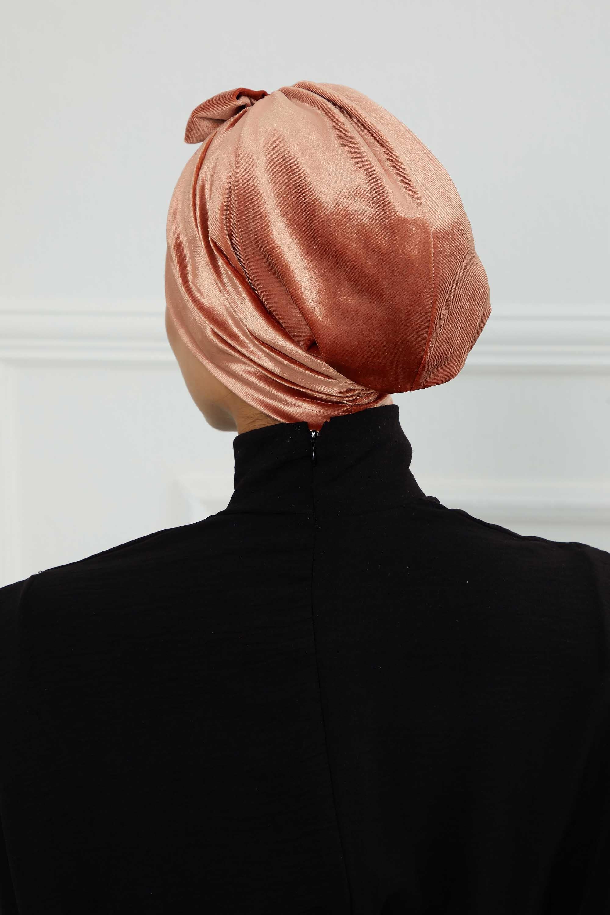 Velvet Bowtie Instant Turban Hijab Luxurious Velour Headwrap with Elegant Bow Detail, Comfortable & Fashionable Headwrap for Women,B-7K Salmon